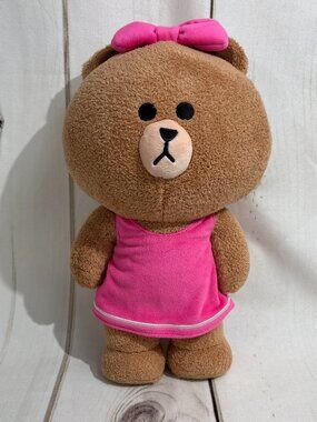 GUND 14" Line Friends Choco Standing Plush Stuffed Teddy Bear Brown Pink Bow